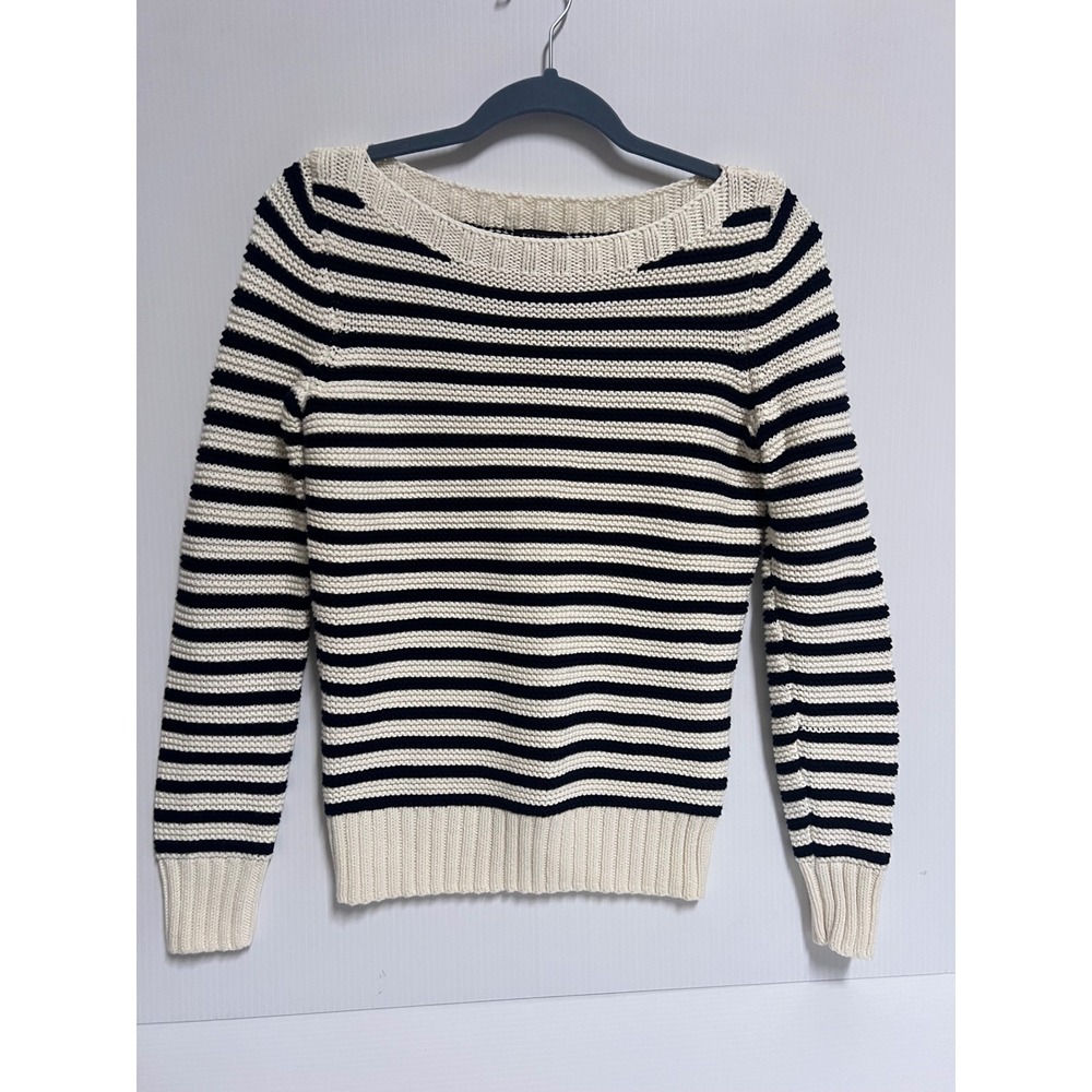 Talbots Womens XS Navy Blue Cream Striped Cotton Boat Neck Knit Sweater